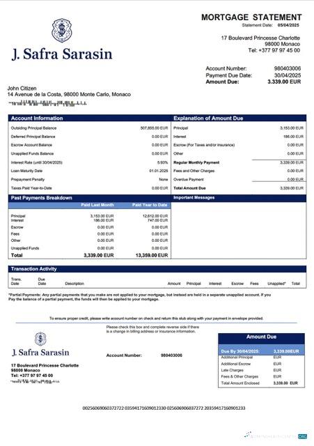 Download Monaco Banque J. Safra (Monaco) mortgage statement Word and PDF template Photoshop template